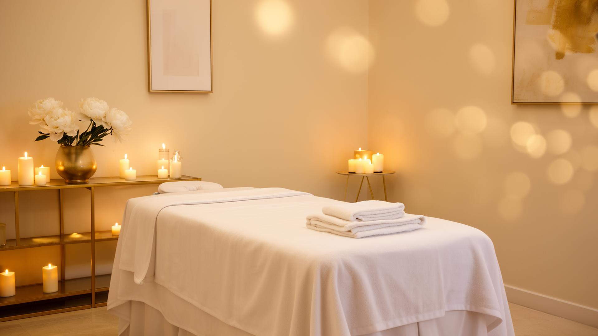 Serene luxury spa treatment room with cream linens, candles and white peonies